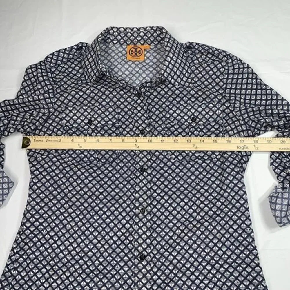 Tory Burch Blouse‎ Top Blue White Square Signature T Cotton Shirt Size 4
